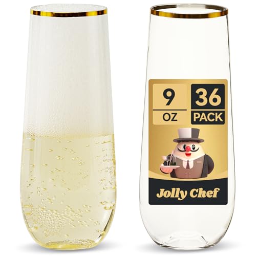 JOLLY CHEF 36 Pack Stemless Plastic Champagne Flutes 9 oz, Crystal Clear Stemless Plastic Toasting Glasses, Clear Disposable Unbreakable Drinkware Ideal for Wedding, Birthday, Party, Thanksgiving
