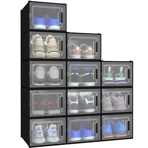 YITAHOME 18 Pack Shoe Storage Boxes Fit up to US Size 13, Stackable Plastic Shoe Organizer Box, Space Saving Sneaker Containers for Bedroom, Entryway, Closet (Black, Medium)