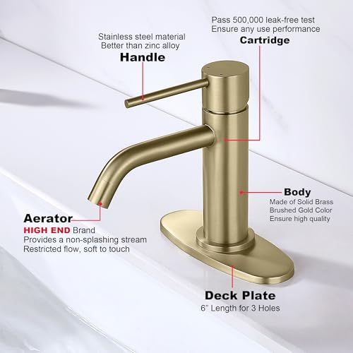 Brushed Gold Vessel Sink Faucet with Pop Up Drain and Supply Lines, Stainless Steel Gold Vanity Faucet Single Hole, JXMMP Single Handle Bathroom Faucet Gold, JXM1001BG