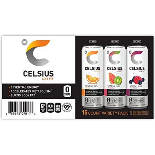 Celsius Sparkling Fitness Drink - Pre-Workout Drink - Sparkling Orange - Sparkling Kiwi Guava - Wild Berry - Zero Sugars - No Artificial Flavors or Colors - 15 x 12 oz. (1 - Pack)