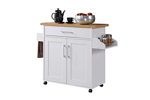 Hodedah Rolling Wood Kitchen Island Cart with Spice Rack, Towel Rack, Utensil Drawer plus Cabinet, White with Beech Top