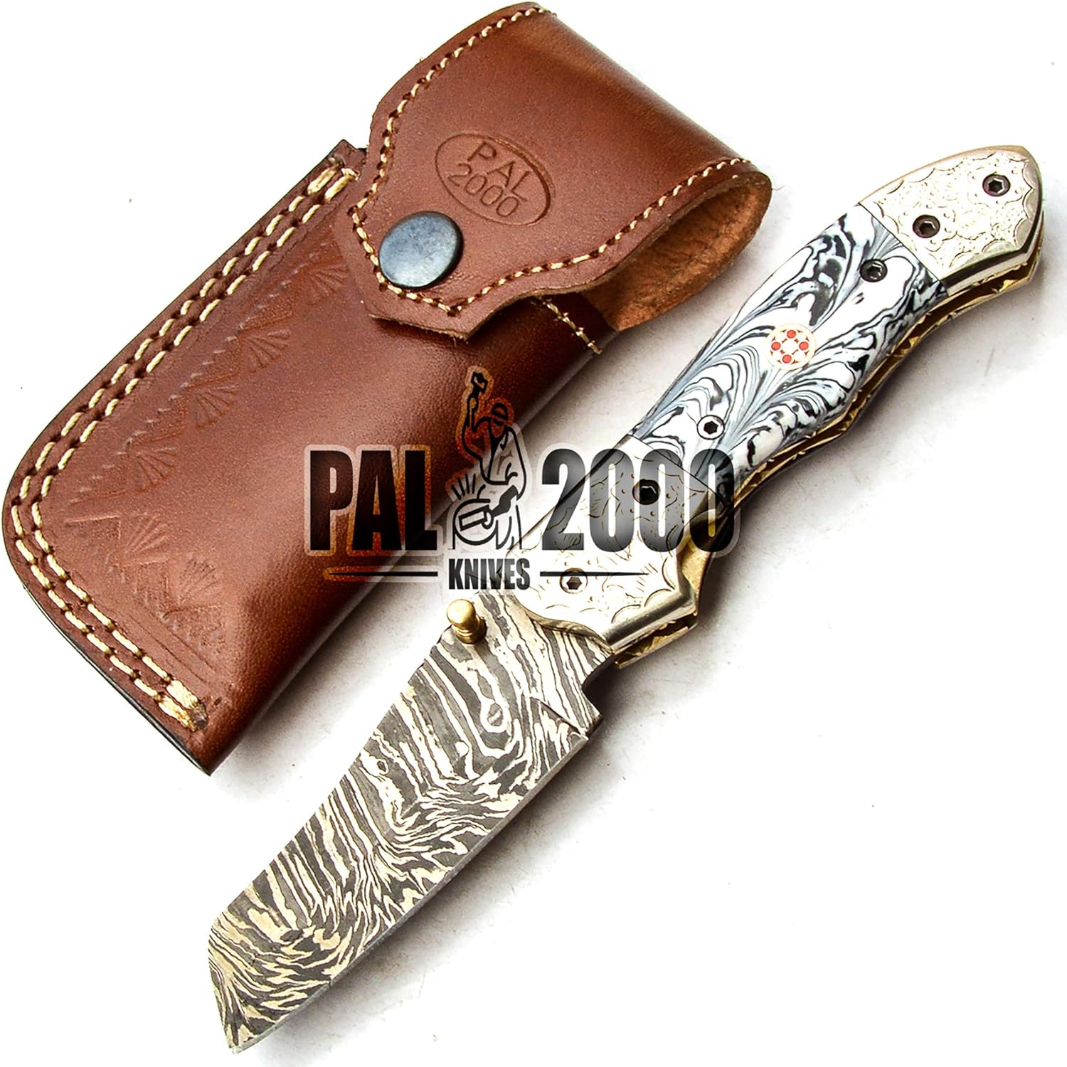 FOL-9775 Handmade Damascus Steel Folding Pocket Hunting Knife with Sheath