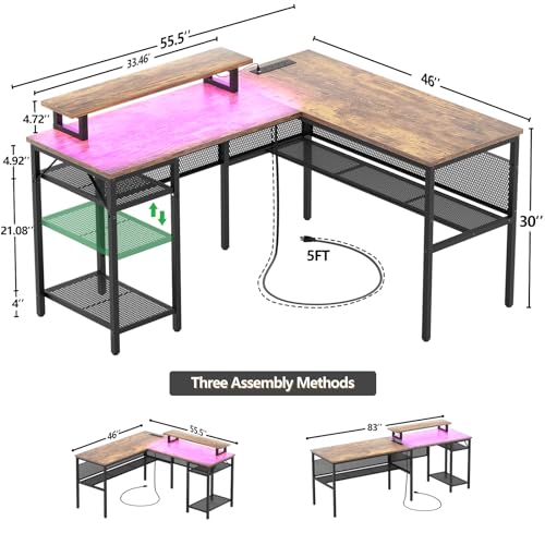 L Shaped Computer Desk with Magic Power Outlets and Smart LED Light, Reversible Office Corner Desk with Ergonomic Monitor Stand, Large Gaming Table with Storage, Sleek Grid Design, Black Oak