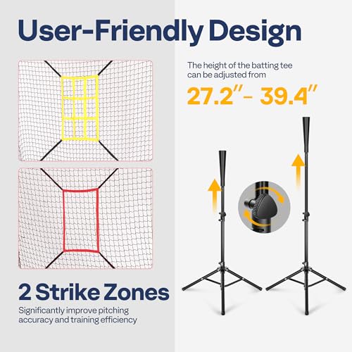 VIVOHOME Baseball Softball Hitting Net with Large Ball Collection System, 7 x 7 ft Baseball Batting Pitching Net with Tee, 2 Strike Zone, Carry Bag