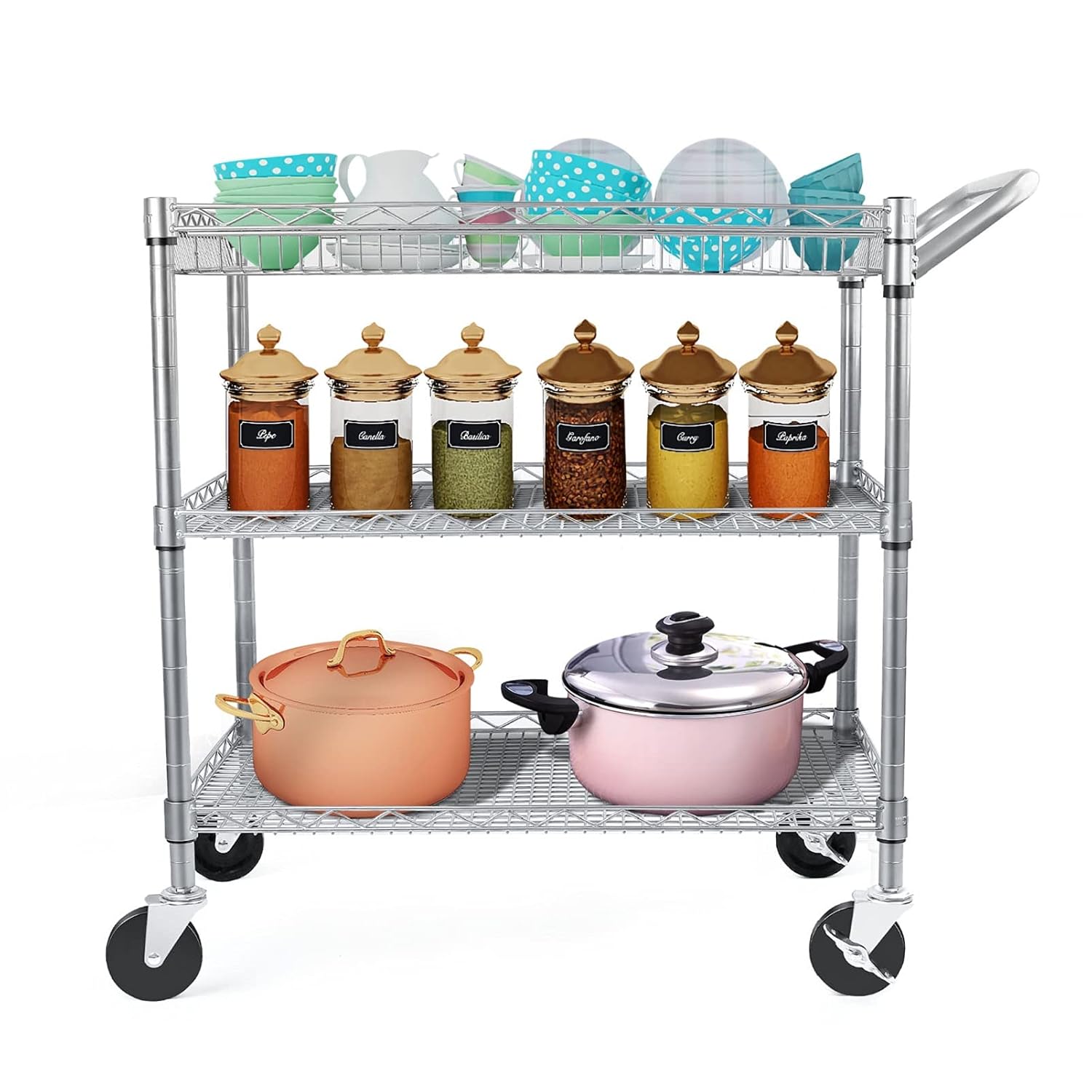 WDT Heavy Duty 3 Tier Rolling Utility Cart, Kitchen?Cart on Wheels Metal Serving Cart Commercial Grade with Wire Shelving Liners and Handle Bar for Kitchen Office Hardware