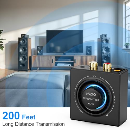 YMOO 2.4GHz Wireless Audio Transmitter and Receiver for TV, 25ms Low Latency, 200Ft Long Range, Wireless Audio Adapter Kit with AUX RCA in/Out for Stereo/Soundbar/Speak/PC
