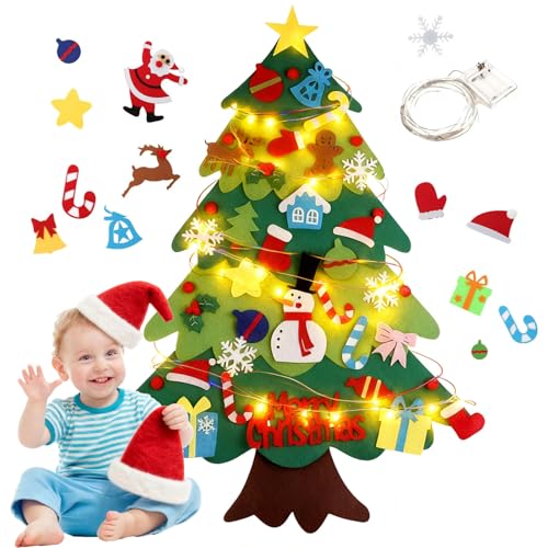 Felt Christmas Tree for Toddlers, 3.2ft DIY Felt Christmas Tree Set, with 5M LED String Lights, 32Pcs Detachable Tree Ornaments, Wall Decor with Hanging Rope for Kids Xmas Gifts Home Door