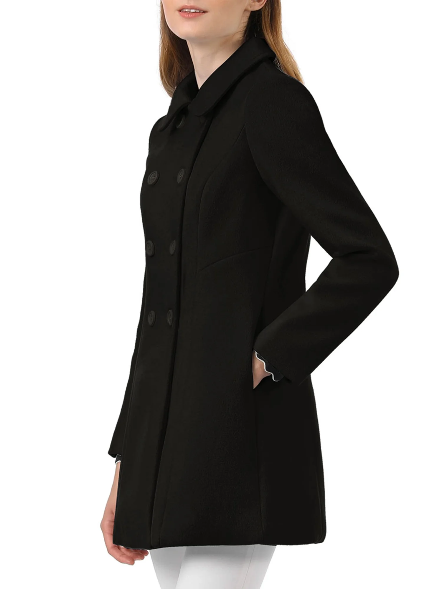 Unique Bargains Women's Peter Pan Collar Double Breasted Winter Trench Coat XS Black