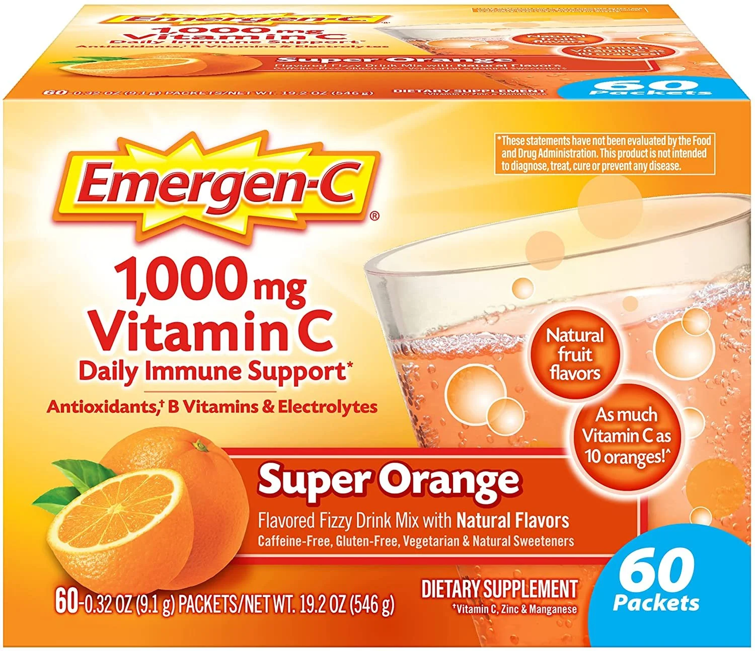 Emergen-C 1000Mg Vitamin C Powder for Immune Support Super Orange - 60 Ct