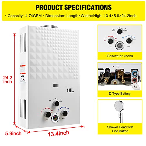 Tankless Water Heater Propane 4.21GPM 16L Outdoor Portable GasHot Water Heater Instant Propane Water Heater with Digital Display Multi-Protection for Camping Trips Boat Cabins