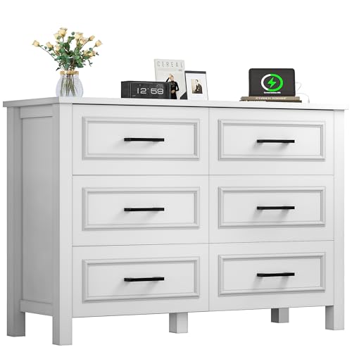 YITAHOME 6-Drawer Dresser with Built-in Power Outlet, Wood Dresser TV Stand with 6 Large Drawers and Bar Handles, White Dresser Chest of Drawers for Living Room, Hallway, Entryway