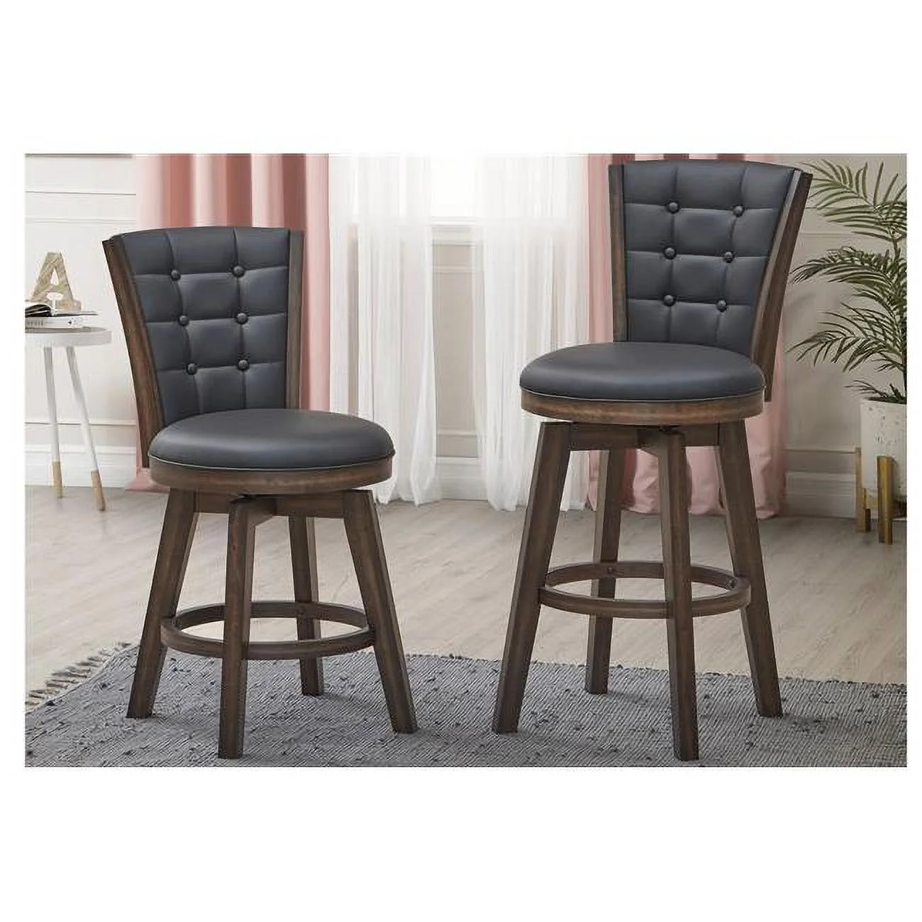 Poundex F1855 Faux Leather Counter Chair with Swivel Function, Black - Set of 2