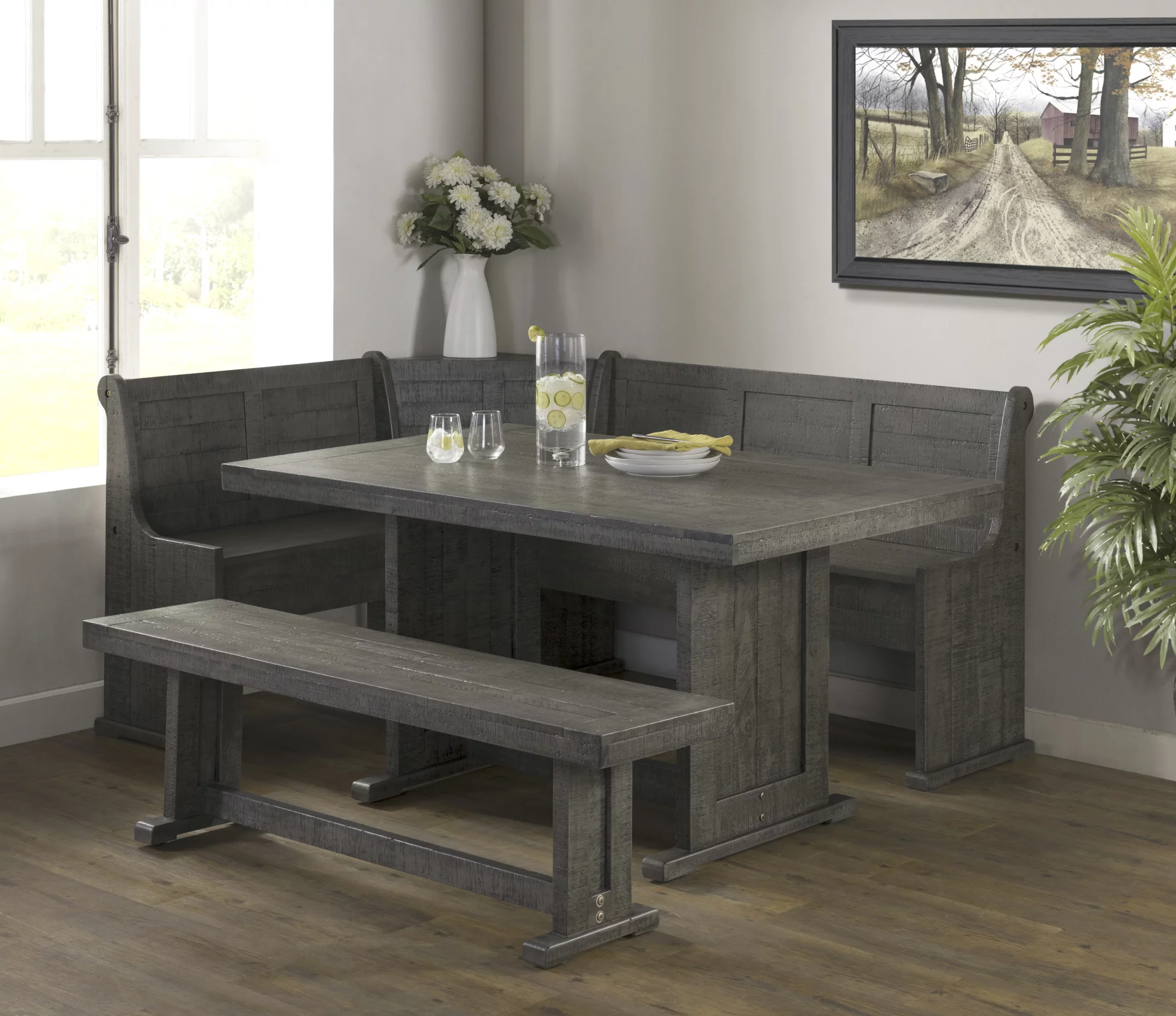 Sunny Dining Nook Table Set in Gray Wood with Kitchen Corner Storage Bench
