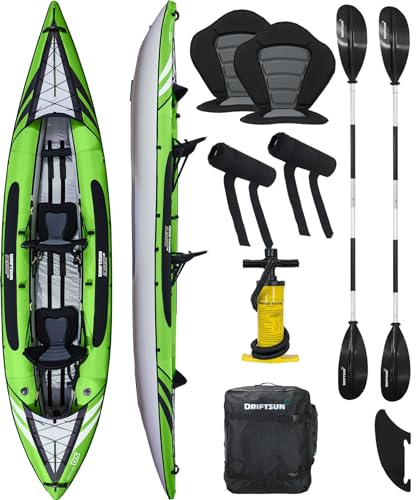 Driftsun Almanor Inflatable Kayak - Inflatable Touring Kayak - Inflatable 1 and 2 Person Kayaks for Adults with EVA Padded Seats, High Back Support, Paddles, Pump (1 Person, 2 Person, 2 Plus 1 Child)