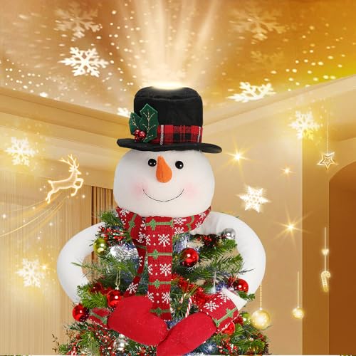Christmas Snowman Tree Topper Projector - Lighted Snowman Hat with Rotating LED Snowflake Projection, Unique Holiday Tree Decoration for Christmas Party, Home Festive Décor