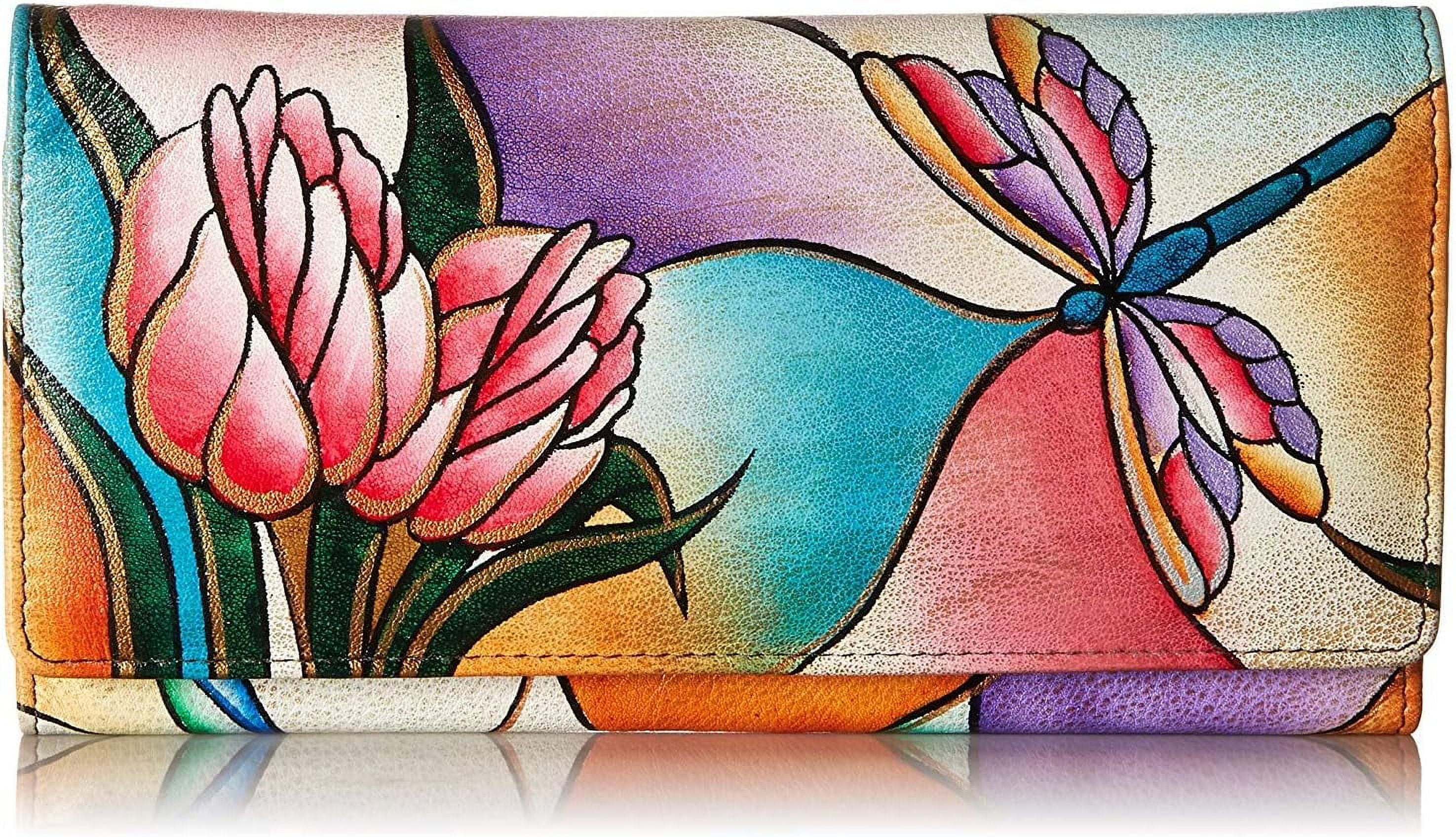 Anna by Anuschka Women's Hand Painted Genuine Leather Multi Pocket Wallet - Dragonfly Glass Painting