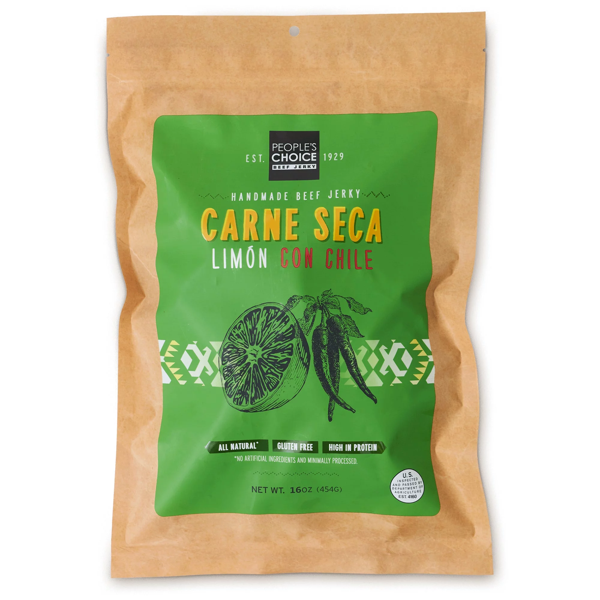 People's Choice Beef Jerky - Carne Seca - Limón Con Chile - Sugar Free - Dry Texture - 1 Pound, 16 oz - 1 Bag