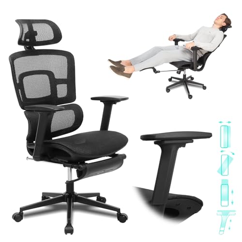 Ergonomic Office Chair with Footrest, 4D Adjustable Armrests, Comfy Swivel Rolling Mesh Computer Desk Chair with Lumbar Support, Wheels for Office, Home, Gaming, S2 Elite