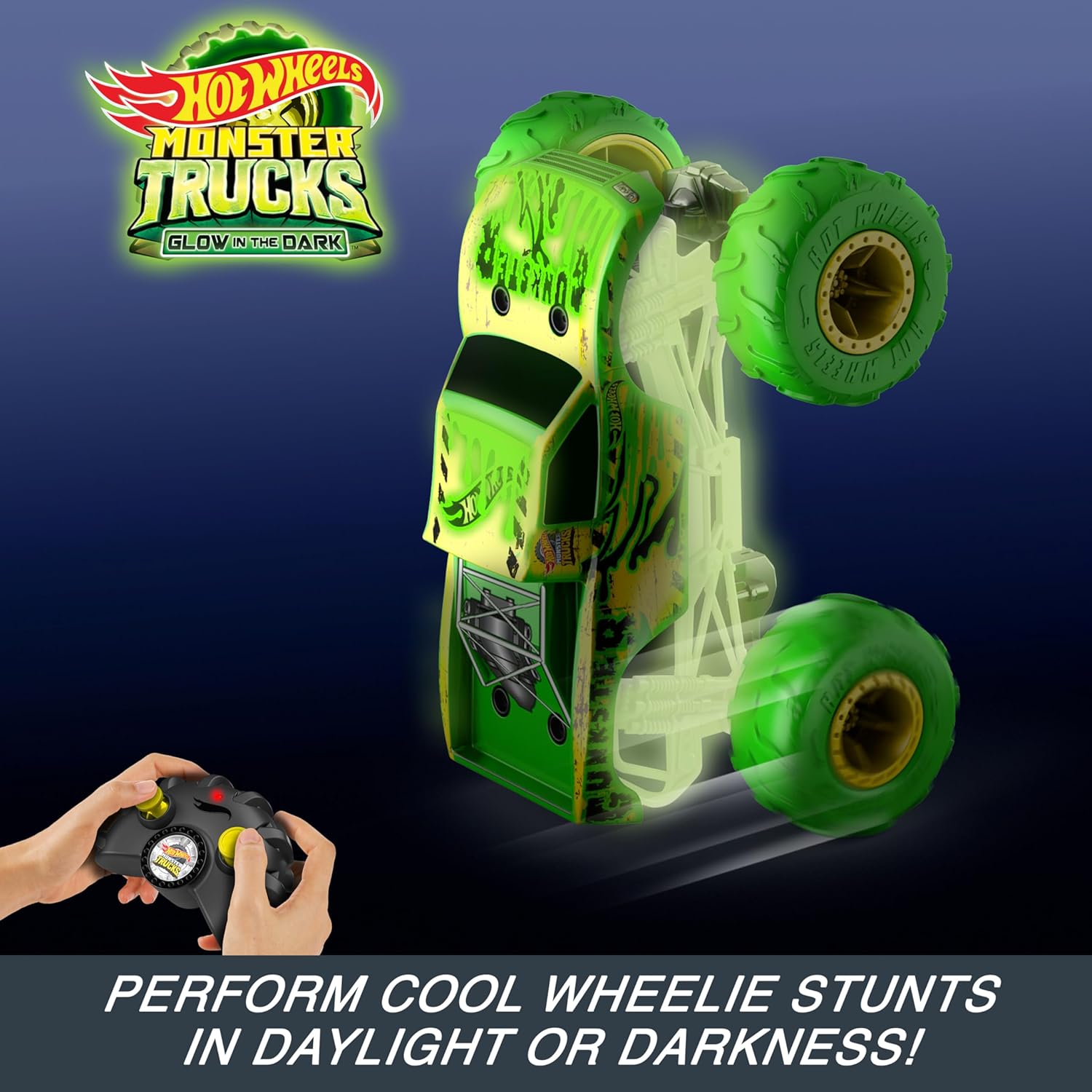 Hot Wheels Monster Trucks RC Toy, Remote-Control 1:15 Scale Gunkster, Glows in The Dark & has Terrain Action Tires with Off-Roading Capability