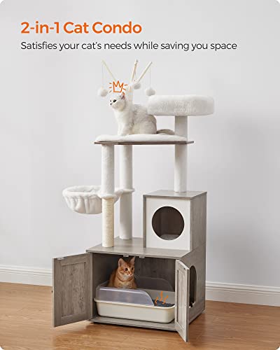 Feandrea Cat Tree with Litter Box Enclosure, 2-in-1 Modern Cat Tower, 55.1-Inch Cat Condo with Scratching Posts, Removable Pompom Sticks, Rustic Brown UPCT113X01