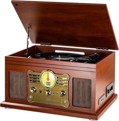 Turntable Bluetooth with Stereo Speakers, Support Vinyl-to-MP3 Recording Converter with CD, Cassette Player, FM, aux-in and Headphone Jacks, Brown