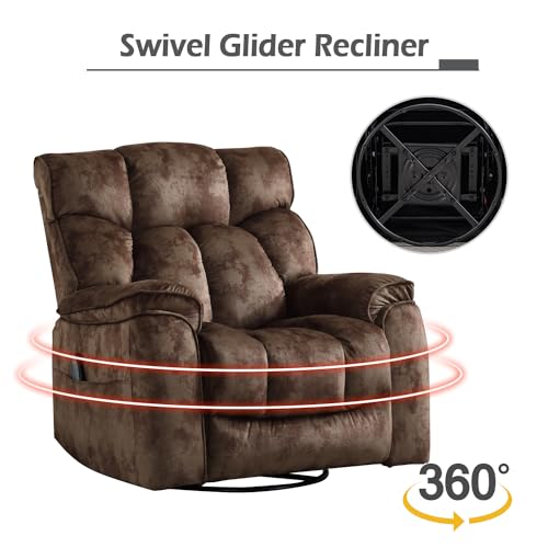 INZOY Massage Swivel Rocker Recliner with Heat and Vibration, Manual Rocking Recliner Chair with Vibrating Massage, Comfy Padded Overstuffed Soft Fabric Heated Recliner, Brown