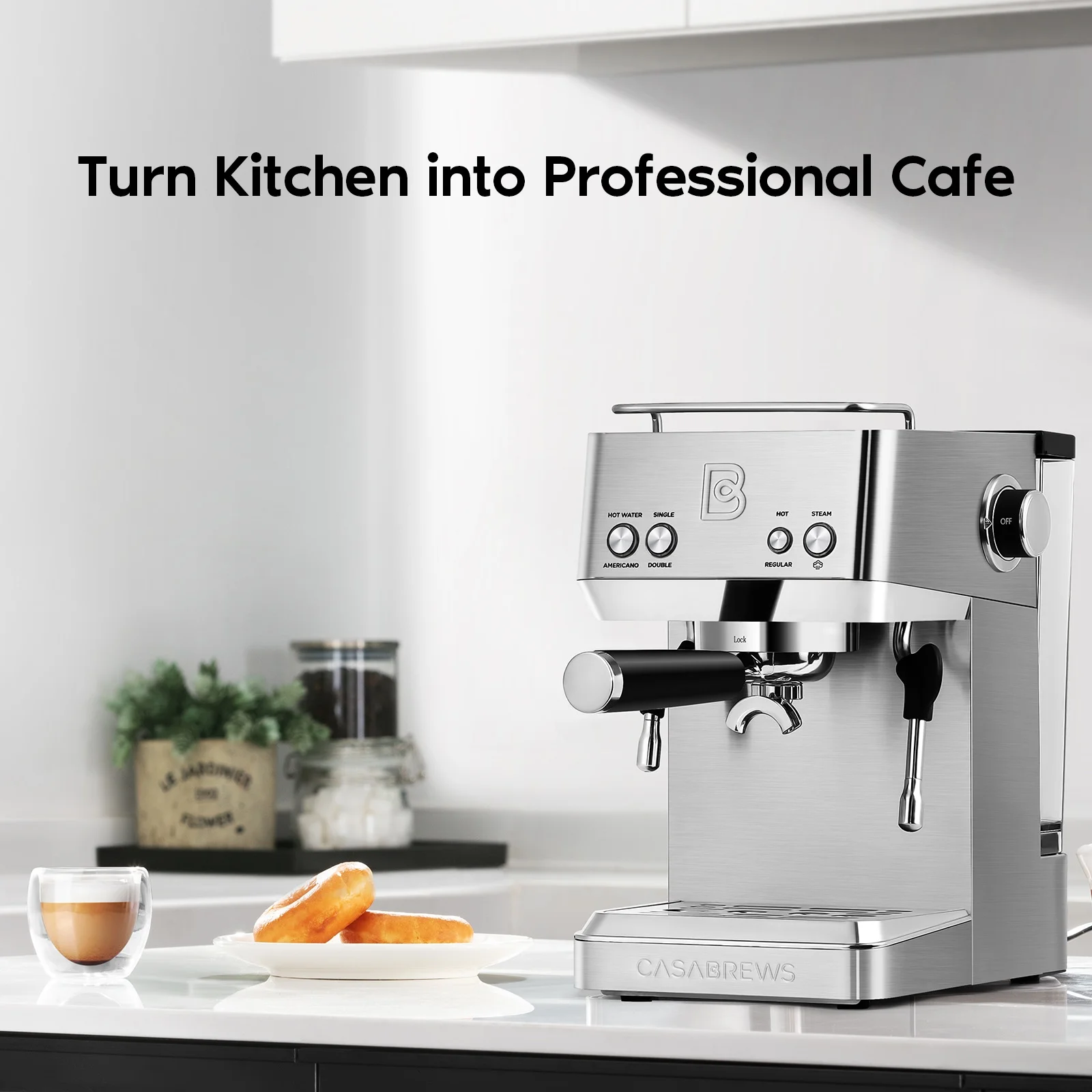 Casabrews 20 Bar Espresso Machine, One-Touch Americano Brewing, 51oz Removable Water Tank, Silver, New