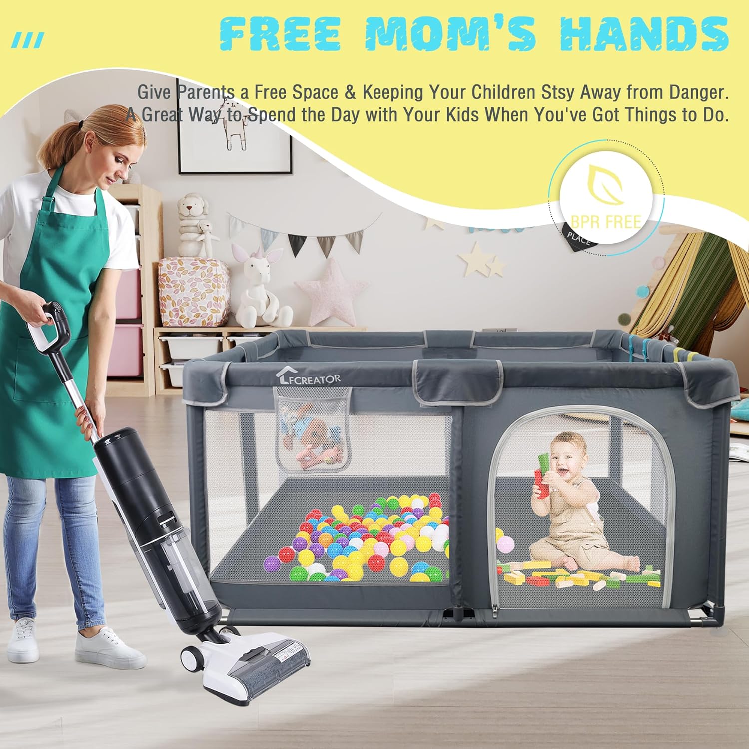 Kids Playpen for Babies and Toddlers, Large Square Baby Playpen Indoor & Outdoor Use, Easy Assembly Baby Fence with Breathable Mesh, Portable Baby Play Yard 50