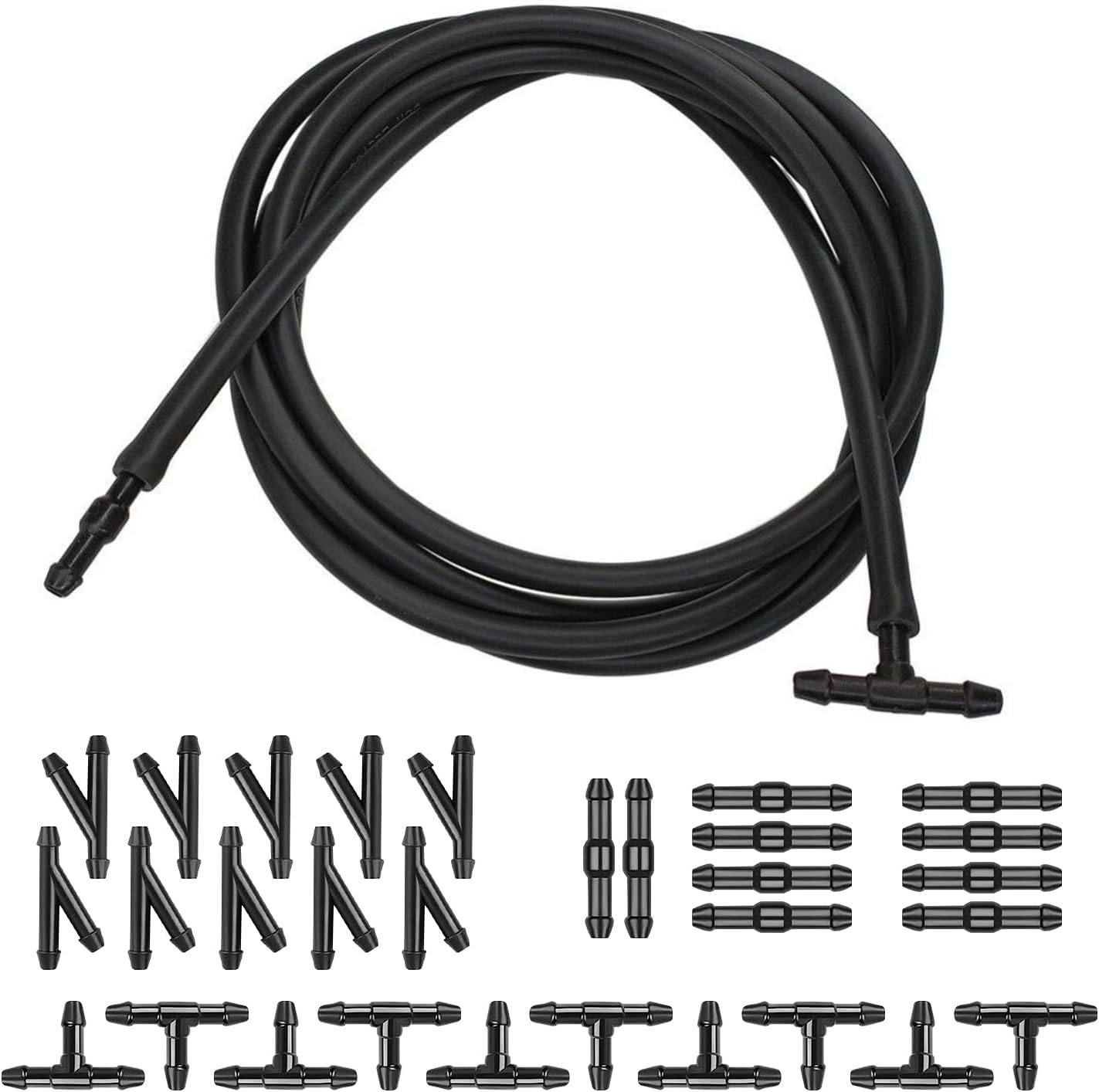 30 PCS Car Windshield Washer Hose Kit, 13Ft Rubber Washer Hose & 3 Type Hose Connectors for Pump and Nozzles, Suitable for Replacing Most Car Windshield Fluid Tubes (Black)