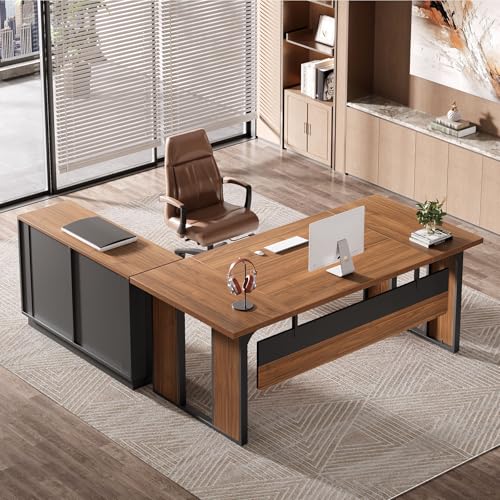 Tribesigns 63‘’ L-Shaped Executive Desk, Office Table with 47-Inch Drawers Cabinet, Large Computer Desk with Storage Shelves, Business Furniture Set for Home Office, Brown & Black