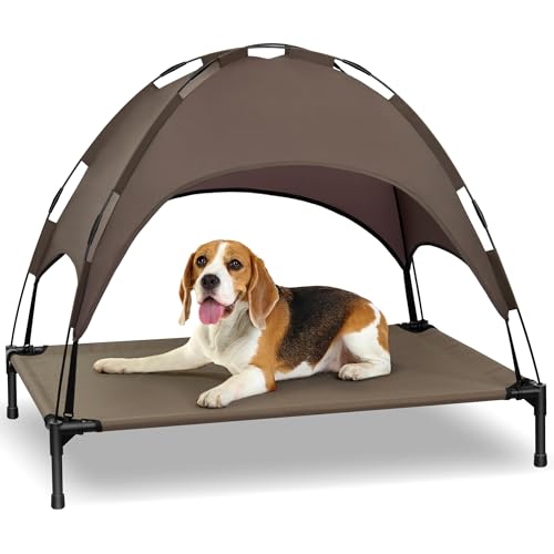 Heeyoo Elevated Dog Bed with Canopy, Portable Dog Cot with Removable Shade Tent, Outdoor Raised Pet Cot Cooling Bed for Dogs