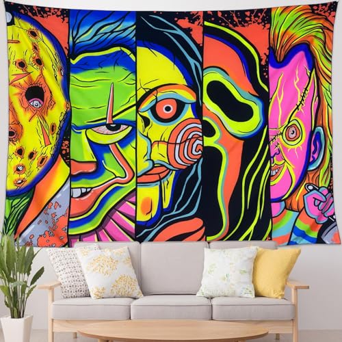 Black Light Art Halloween Wall Decor Trippy Blacklight Horror Face Tapestry, UV Reactive Tapestries Glow in The Dark Party Tapestry for Bedroom, Living Room (70