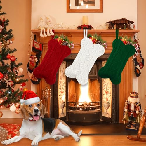 3 Pack Dog Christmas Stocking, 18 Inch Large Double Side Knitted Christmas Stocking for Dogs, Bone Shaped Hanging Dog Stocking for Dogs Pets