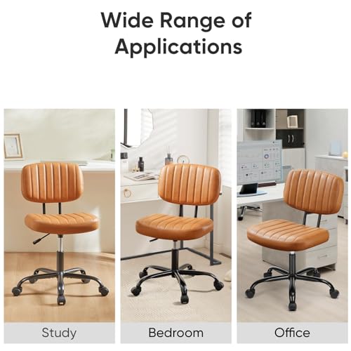 DUMOS Armless Small Home Office Desk Chair - Vanity Task Chair with Low Back, Height Adjustable PU Leather Swivel Computer Chair with 360° Rolling Wheels, Deep Brown