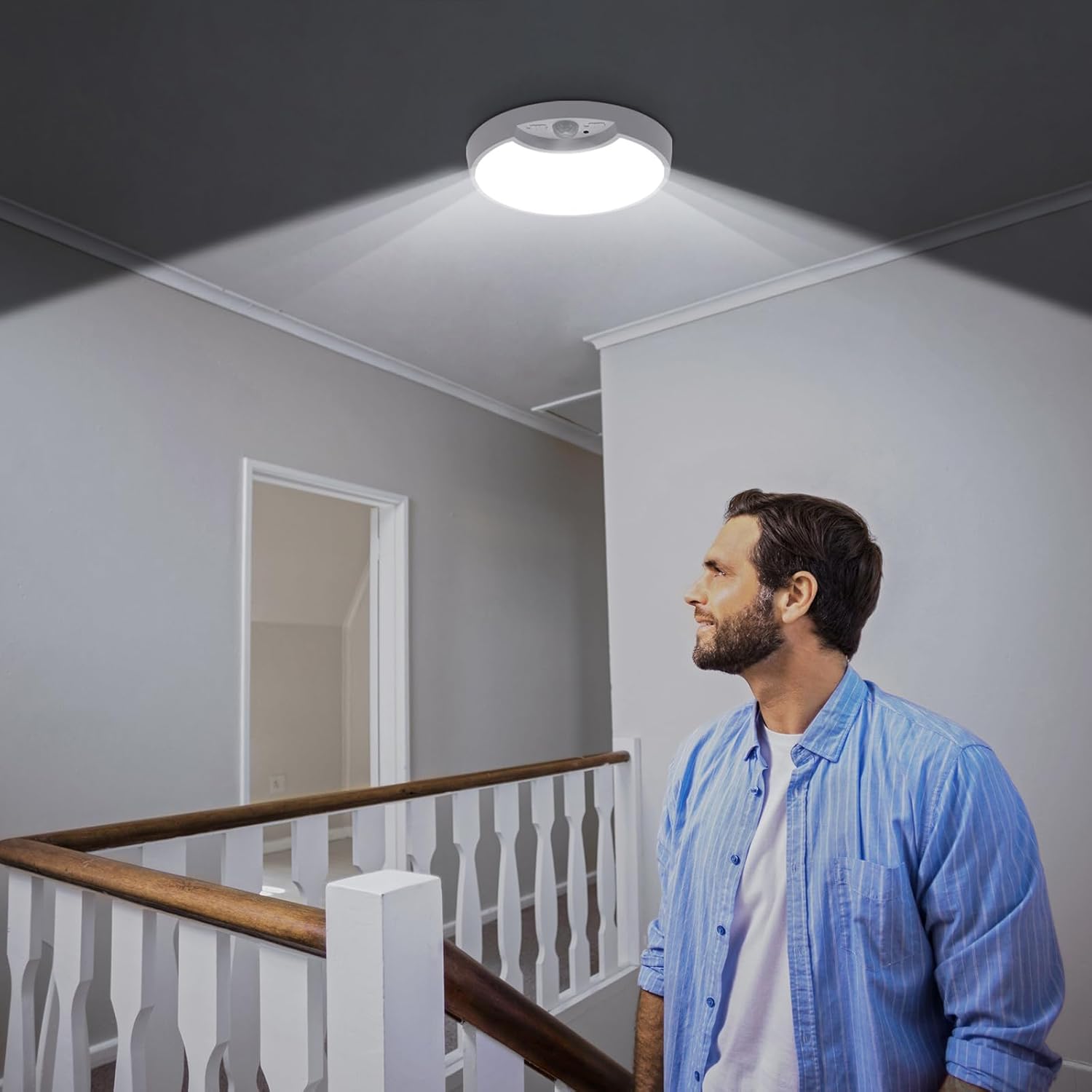 LINEWAY Rechargeable Motion Sensor Ceiling Light with Remote, Wireless Closet Light Rechargeable Battery Operated Ceiling Light 8.7inch 6000K 8000mAh Motion Activated Light for Pantry Bathroom Porch