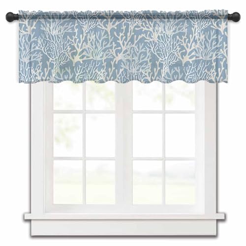 Summer Ocean Coral Valance Curtains for Kitchen/Living Room/Bathroom/Bedroom Window,Rod Pocket Small Topper Half Short Window Curtains Voile Sheer Scarf, Nautical Coastal Sea Ombre Solid Blue 54