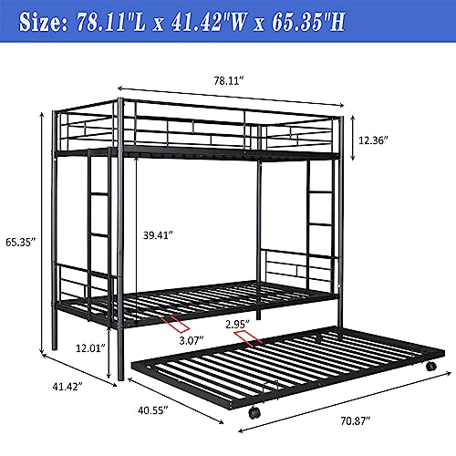 Bunk Bed, Twin Over Twin Metal Bunk Bed with Trundle Heavy Duty Bunk Beds Frame with 2 Side Ladders Convertible Bunkbed with Safety Guard Rails, No Box Spring Needed (Black, Twin Over Twin)
