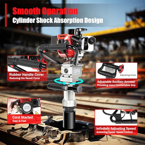 T-Post Driver,32.6CC 2 Stroke 1.2HP Gas Powered Pile Driver Fence Push Pile Gasoline Jack Hammer Engine Portable Petrol Pole Pounder w/Two Driving Heads Single Cylinder Air Cooling MaxSpeed 8500r/Min