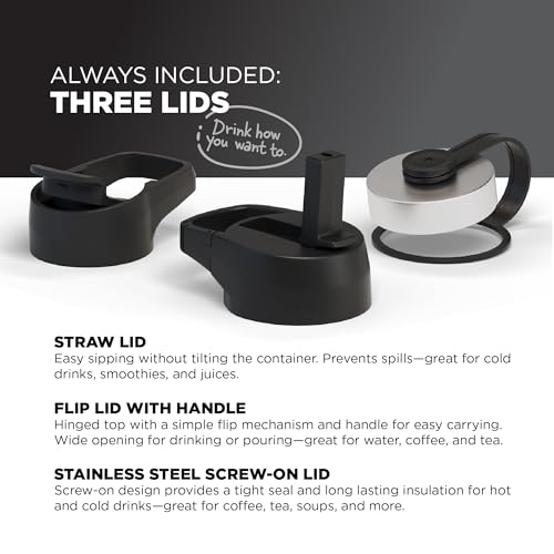 IRON °FLASK Camping & Hiking Hydration Flask with 3 Lids - Stainless Steel, Double Walled & Vacuum Insulated Water Bottle - Leak Proof & BPA Free (Midnight Black, Straw - 40 oz)