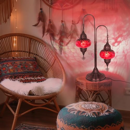 Turkish Bedside Lamp Clear Glass Cracked 2-Globe - Moroccan & Mosaic Style - Handcrafted Turkish Floor Lamp - Stained Glass & Victorian Inspired Design - Tiffany Lamp Addition (Purple)