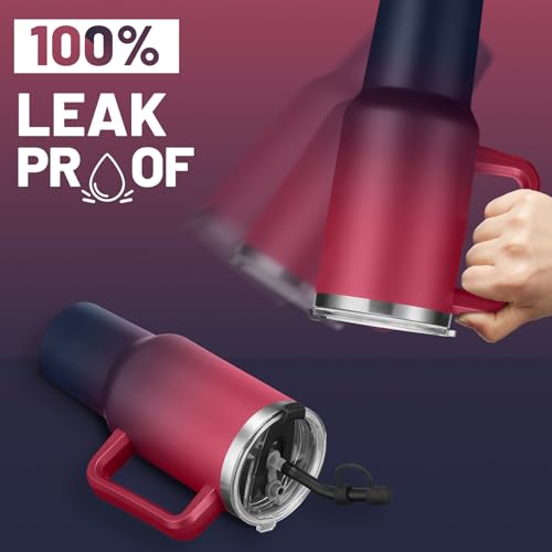 40 oz Tumbler with Handle and Straw Spout Lid - 100% Leak-proof Travel Coffee Cup, BPA Free Metal Mug, Vacuum Insulated Water Bottle- (Cold-34H & Hot-10H), Straw Cover, Silicone Boot