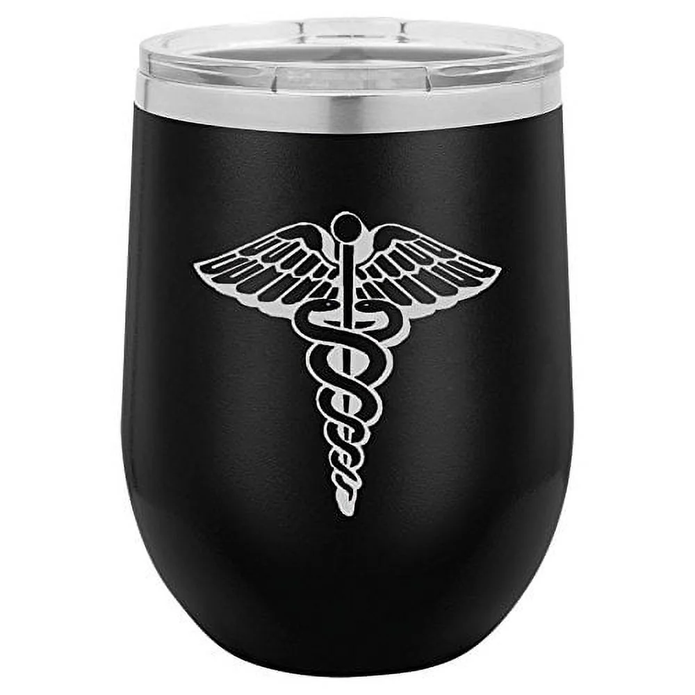 12 oz Double Wall Vacuum Insulated Stainless Steel Stemless Wine Tumbler Glass Coffee Travel Mug With Lid Medical Symbol Caduceus Physician (Black)