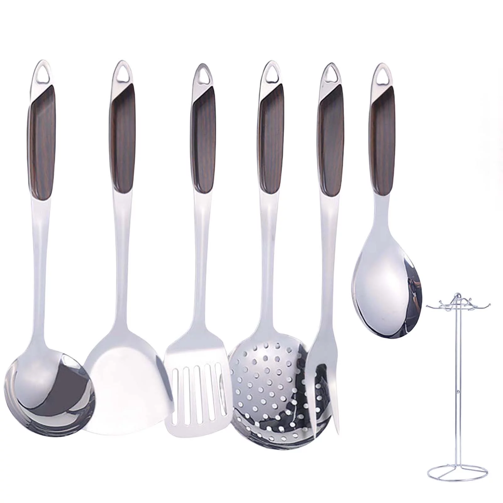 MOQIN Stainless Steel Kitchen Cooking Utensils Set with Holder, 6 Pcs Utensils for Cooking, Wok Spatula Slotted Spatula for Nonstick Cookware Cooking Baking Supplies
