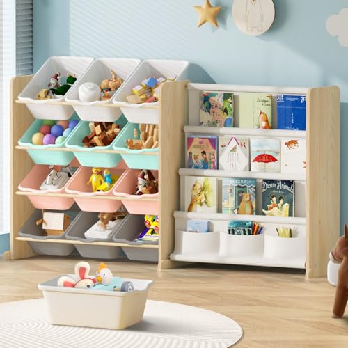 Kids Toy Storage Organizer - Toy Organizer with Kids Bookshelf, Toy Storage with 12 Toy White Bins and 4 Book Shelves, Toy Organizers and Storage for Playroom, Nursery, Kids Room, Burlywood