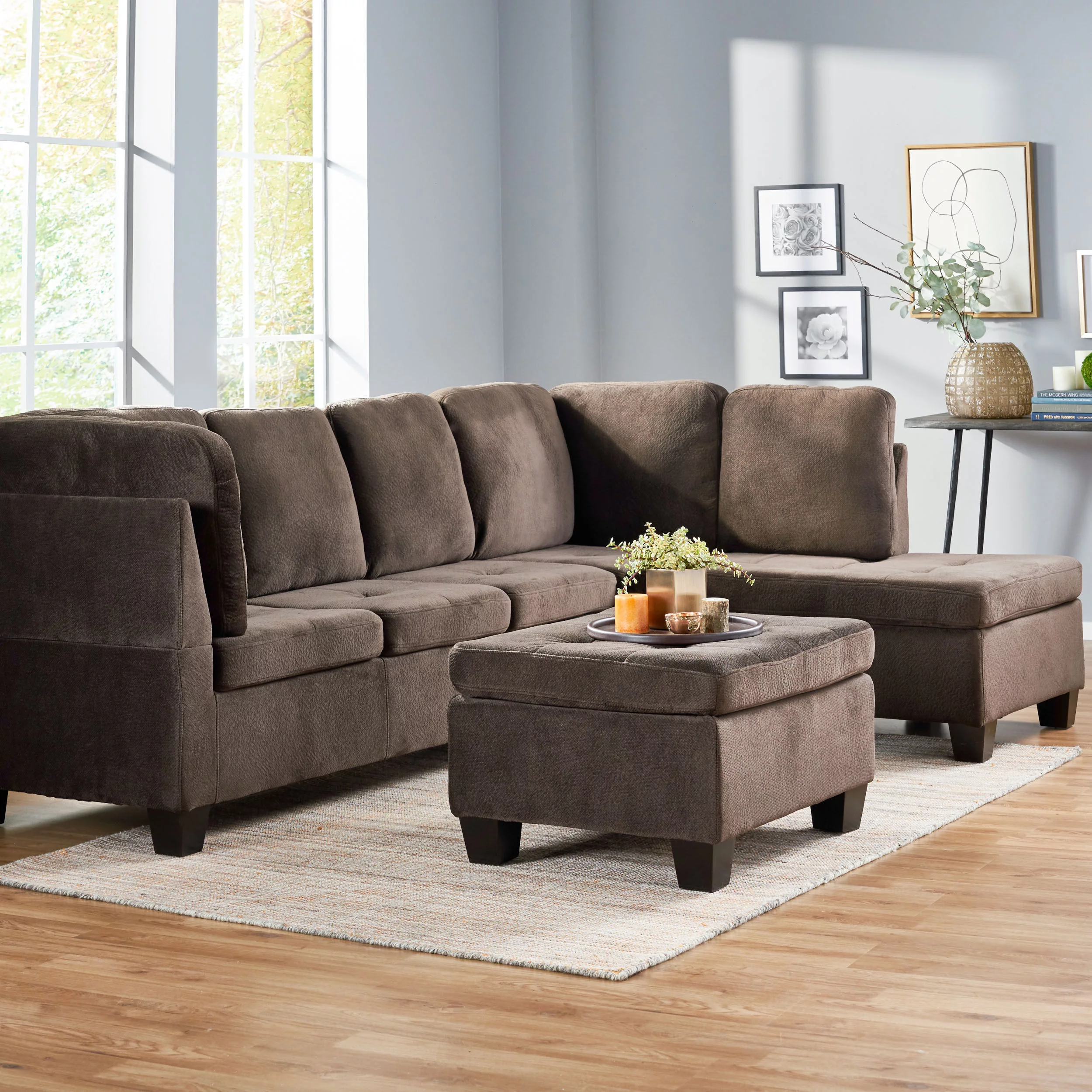 GDF Studio Juliana Contemporary Tufted 4 Seater Chaise Lounge Sectional Sofa with Ottoman, Chocolate Fabric and Dark Brown