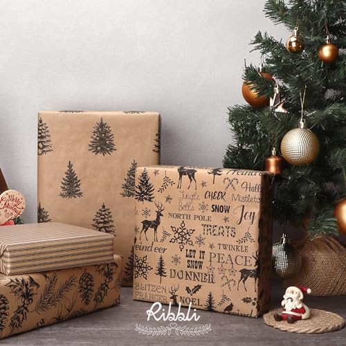 Ribbli Christmas Wrapping Paper, 4 Rolls Vintage Christmas Gift Wrapping Paper, Brown Kraft Paper with Black Pattern, 17 x120 inch(10ft) Per Roll