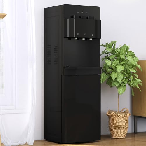 TABU Bottom Loading Water Cooler Dispenser of 3 Temperature Settings - Hot, Cold, Room Water, for 3 or 5 Gallon Bottles, with Child Safety Lock& Anti-Scalding Design, (Black)