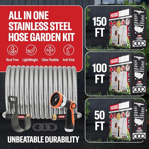 Best 100 ft Metal Garden Hose Set - No-Kink Durable 316 Stainless Steel, 10-Way Zync Spray Nozzle & Hook – Tough Flexible Heavy Duty Water Hoses, Naval Brass, Rust, Weather, LeakProof