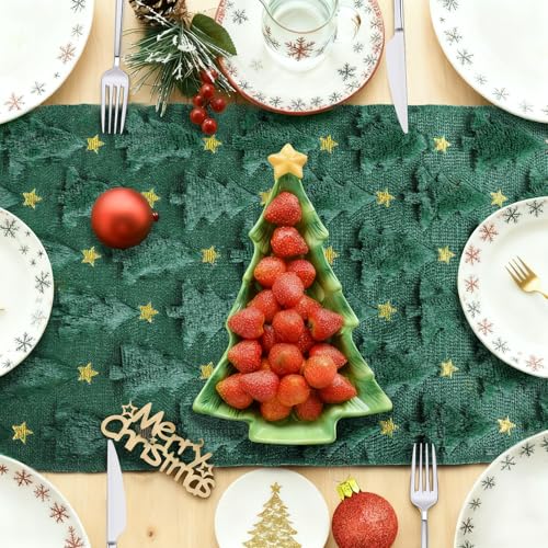 Christmas Table Runner, Xmas Trees Star Green Soft Plush Faux Fur Jacquard Kitchen Dining Table Decoration for Farmhouse Home Party Decor 13x72 Inch (Green A, 13