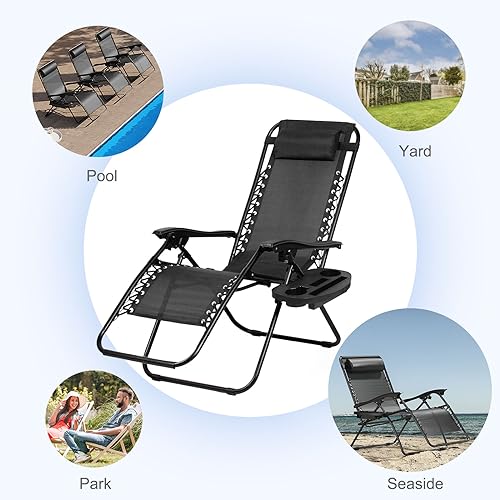 Nazhura Set of 2 Relaxing Recliners Patio Chairs Adjustable Steel Mesh Zero Gravity Lounge Chair Beach Chairs with Pillow and Cup Holder (Dark Green)